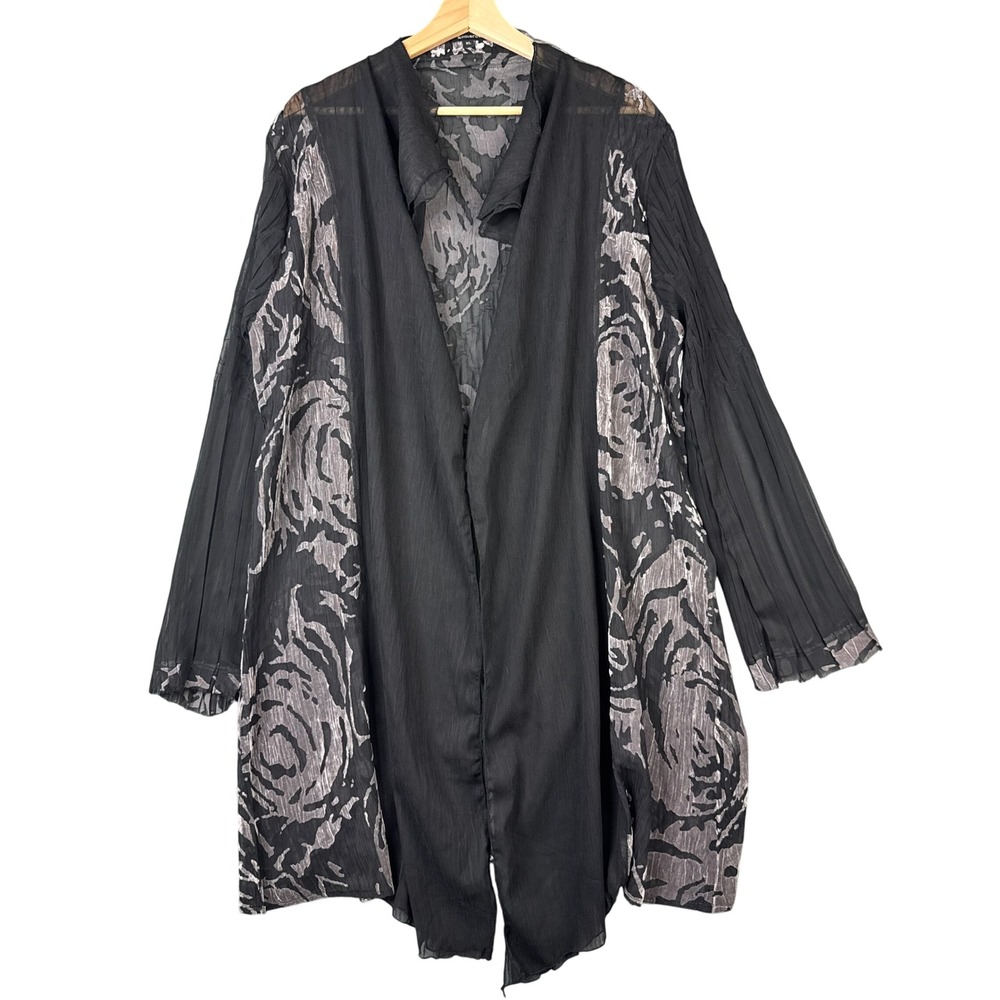 Komarov XL Black Gray Rose Floral Pleated Sheer Crinkle Open Front Cardigan